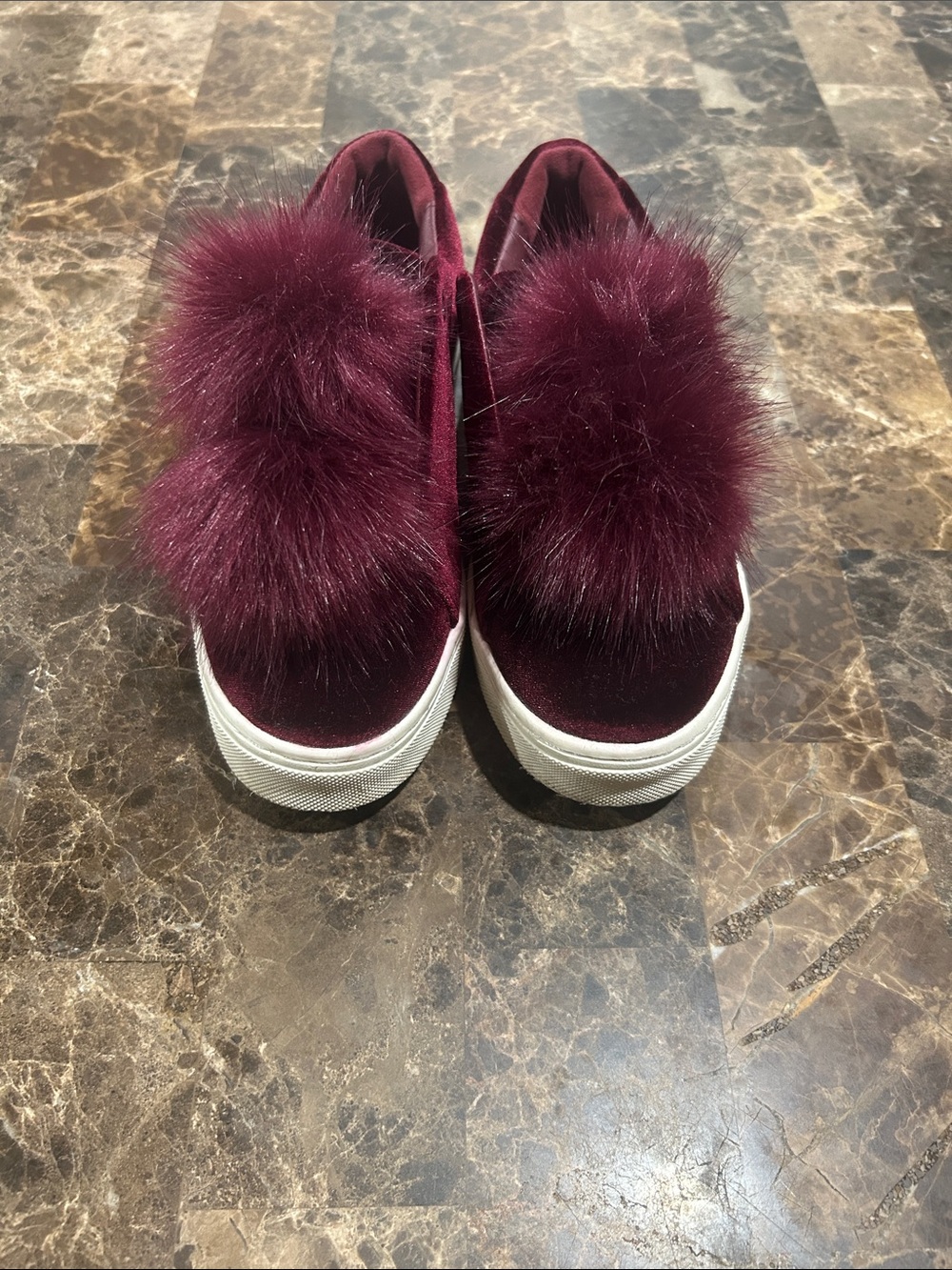 Sam Edelman Women’s Velvet Slip-On Sneakers with Faux Fur Pom Pom - Burgundy